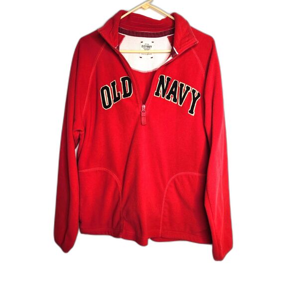 Men's Old Navy Red quarter-zip fleece pullover Sz. L Front Spell Out Y2k Retro - Picture 1 of 10